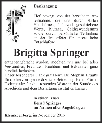 Traueranzeige von Brigitta Springer von Ostthüringer Zeitung