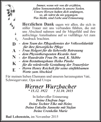 Traueranzeige von Werner Wurzbacher von Ostthüringer Zeitung