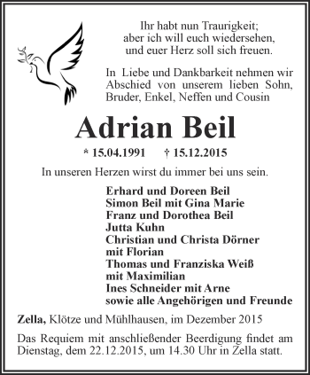 Traueranzeige von Adrian Beil von Thüringer Allgemeine, Thüringische Landeszeitung