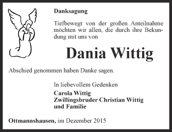 Traueranzeige von Dania Wittig von Thüringer Allgemeine, Thüringische Landeszeitung