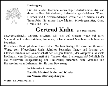 Traueranzeige von Gertrud Kuhn von Ostthüringer Zeitung, Thüringische Landeszeitung