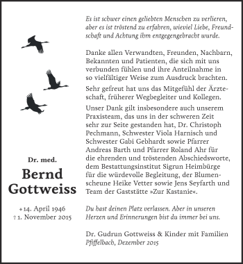 Traueranzeige von Bernd Gottweiss von Thüringer Allgemeine, Thüringische Landeszeitung