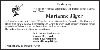 Traueranzeige von Marianne Jäger von Ostthüringer Zeitung