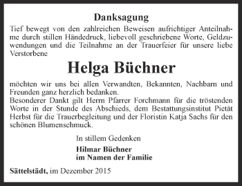 Traueranzeige von Helga Büchner von Thüringer Allgemeine, Thüringische Landeszeitung