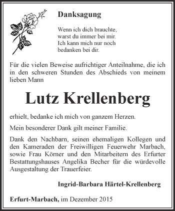 Traueranzeige von Lutz Krellenberg von Thüringer Allgemeine, Thüringische Landeszeitung