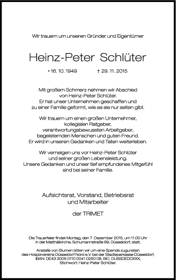 Traueranzeige von Heinz-Peter Schlüter von Thüringer Allgemeine, Thüringische Landeszeitung, Ostthüringer Zeitung