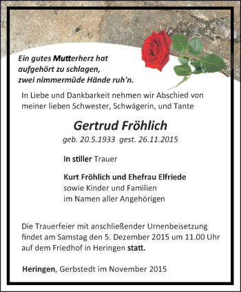 Traueranzeige von Gertrud Fröhlich von Thüringer Allgemeine
