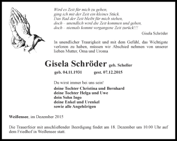 Traueranzeige von Gisela Schröder von Thüringer Allgemeine