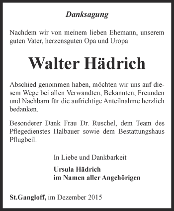 Traueranzeige von Walter Hädrich von Ostthüringer Zeitung