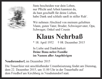 Traueranzeige von Klaus Nehrbaß von Thüringer Allgemeine, Thüringische Landeszeitung