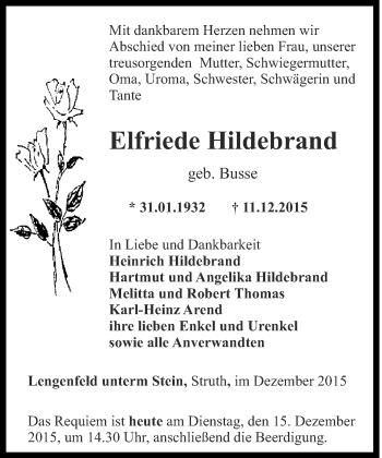 Traueranzeige von Elfriede Hildebrand von Thüringer Allgemeine, Thüringische Landeszeitung