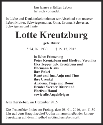 Traueranzeige von Lotte Kreutzburg von Ostthüringer Zeitung, Thüringische Landeszeitung