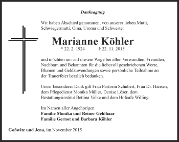 Traueranzeige von Marianne Köhler von Ostthüringer Zeitung