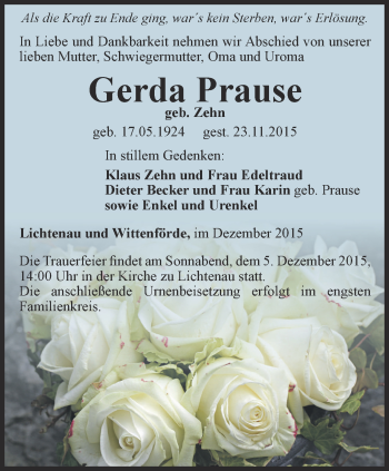 Traueranzeige von Gerda Prause von Ostthüringer Zeitung