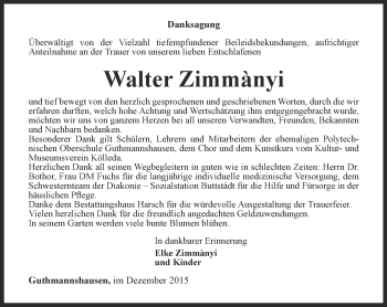 Traueranzeige von Walter Zimmànyi von Thüringer Allgemeine