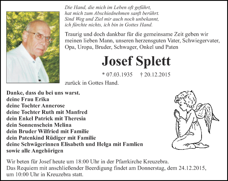  Traueranzeige für Josef Splett vom 23.12.2015 aus Thüringer Allgemeine