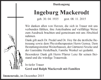 Traueranzeige von Ingeburg Mackerodt von Thüringer Allgemeine