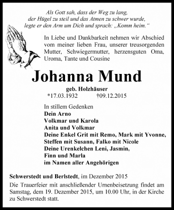 Traueranzeige von Johanna Mund von Thüringer Allgemeine, Thüringische Landeszeitung