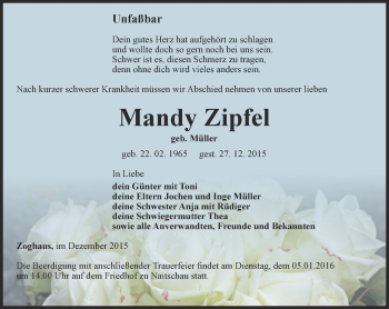 Traueranzeige von Mandy Zipfel von Ostthüringer Zeitung