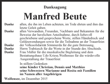 Traueranzeige von Manfred Beute von Thüringer Allgemeine