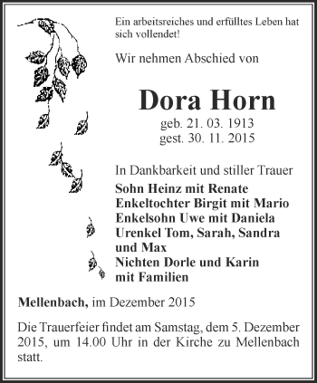 Traueranzeige von Dora Horn von Ostthüringer Zeitung