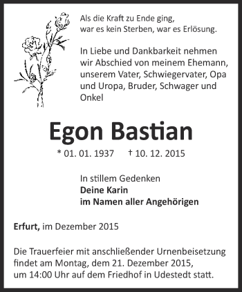 Traueranzeige von Egon Bastian von Thüringer Allgemeine, Thüringische Landeszeitung