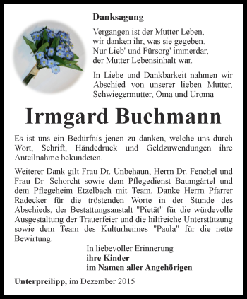 Traueranzeige von Irmgard Buchmann von Ostthüringer Zeitung