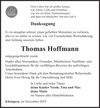 Traueranzeige von Thomas Hoffmann von Ostthüringer Zeitung