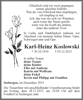 Traueranzeige von Karl-Heinz Koslowski von Ostthüringer Zeitung, Thüringische Landeszeitung