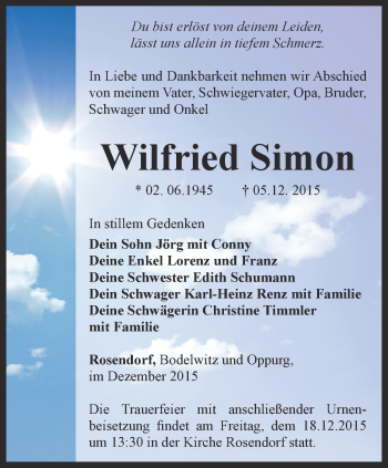 Traueranzeige von Wilfried Simon von Ostthüringer Zeitung