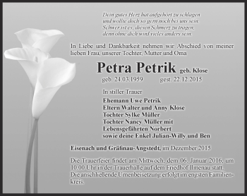 Traueranzeige von Petra Petrik von Thüringer Allgemeine
