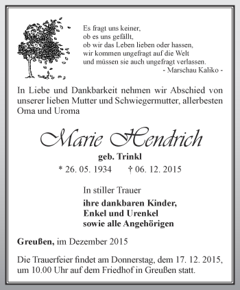 Traueranzeige von Marie Hendrich von Thüringer Allgemeine
