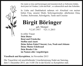 Traueranzeige von Birgit Böringer von Thüringer Allgemeine, Thüringische Landeszeitung
