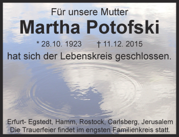 Traueranzeige von Martha Potofski von Thüringer Allgemeine, Thüringische Landeszeitung