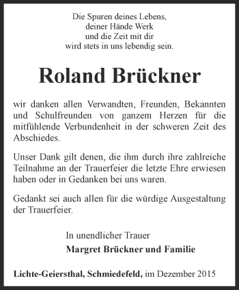 Traueranzeige von Roland Brückner von Ostthüringer Zeitung