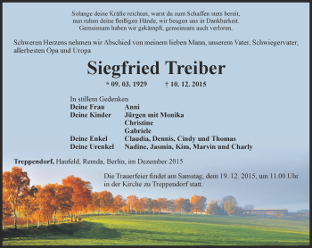 Traueranzeige von Siegfried Treiber von Ostthüringer Zeitung