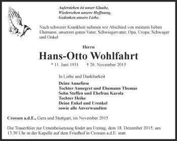 Traueranzeige von Hans-Otto Wohlfahrt von Ostthüringer Zeitung