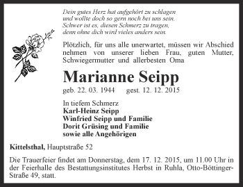 Traueranzeige von Marianne Seipp von Thüringer Allgemeine, Thüringische Landeszeitung