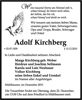 Traueranzeige von Adolf Kirchberg von Thüringer Allgemeine, Thüringische Landeszeitung
