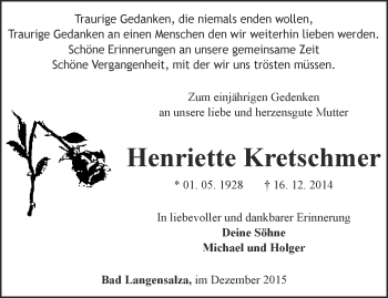 Traueranzeige von Henriette Kretschmer von Thüringer Allgemeine, Thüringische Landeszeitung