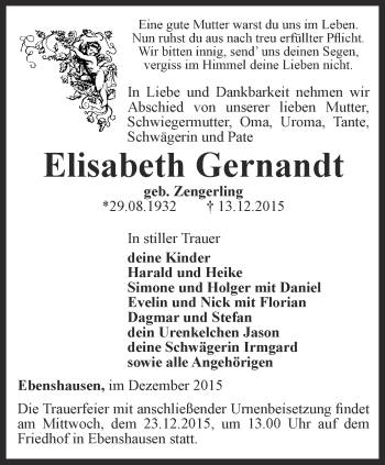 Traueranzeige von Elisabeth Gernandt von Thüringer Allgemeine, Thüringische Landeszeitung