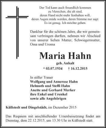 Traueranzeige von Maria Hahn von Thüringer Allgemeine