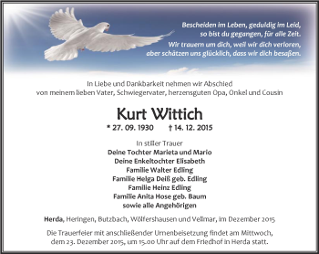 Traueranzeige von Kurt Wittich von Thüringer Allgemeine, Thüringische Landeszeitung