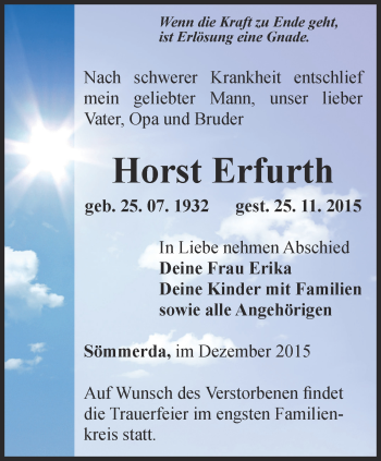 Traueranzeige von Horst Erfurth von Thüringer Allgemeine