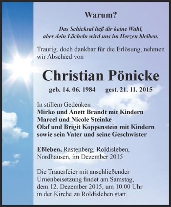 Traueranzeige von Christian Pönicke von Thüringer Allgemeine