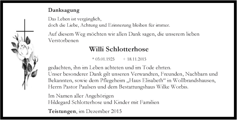  Traueranzeige für Willi Schlotterhose vom 12.12.2015 aus Thüringer Allgemeine