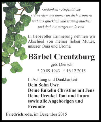 Traueranzeige von Bärbel Creutzburg von Ostthüringer Zeitung, Thüringische Landeszeitung