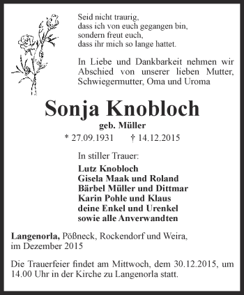 Traueranzeige von Sonja Knobloch von Ostthüringer Zeitung