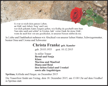 Traueranzeige von Christa Franke von Thüringer Allgemeine