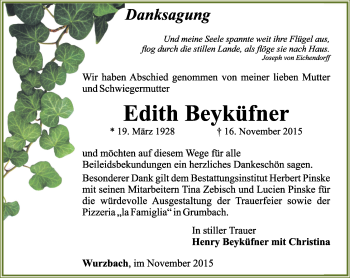 Traueranzeige von Edith Beyküfner von Ostthüringer Zeitung